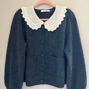 ☀️ Mustard Seed Navy Knit Cardigan with White Crochet Collar